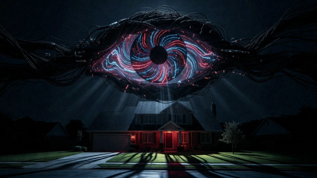 A digital eye made of network cables over a house