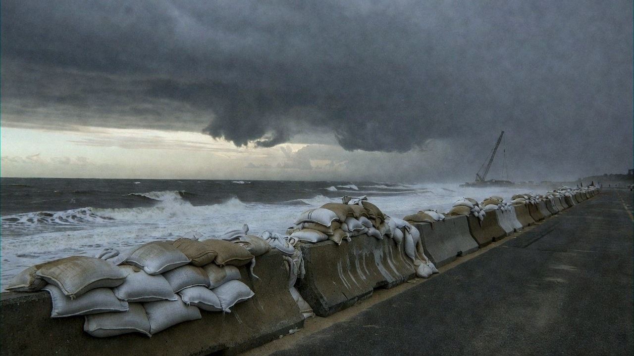 Emergency crews stacking sandbags along a coastal seawall under a heavy overcast sky