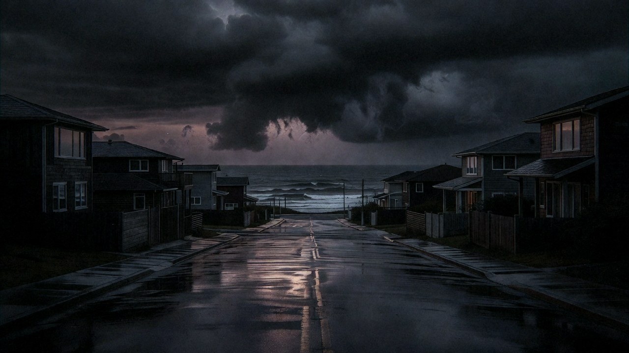 An empty coastal residential street at dusk under storm clouds with the ocean in the distance